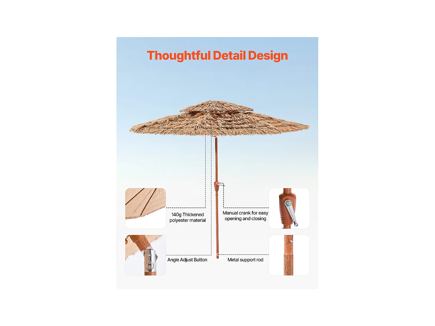 Parasol Hawaïen SucceBuy, 2,7 m Parasol Exotique Inclinable avec Toit Chaume PP, 8 Baleines Métalliques, pour Plage, Terrasse, Bord de Piscine, Jardin