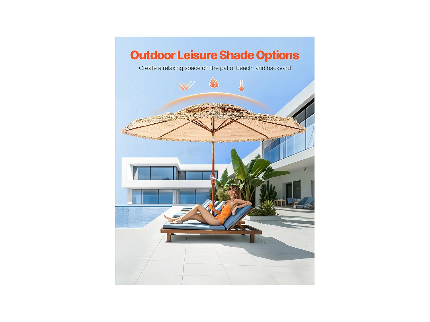 Parasol Hawaïen SucceBuy, 2,7 m Parasol Exotique Inclinable avec Toit Chaume PP, 8 Baleines Métalliques, pour Plage, Terrasse, Bord de Piscine, Jardin