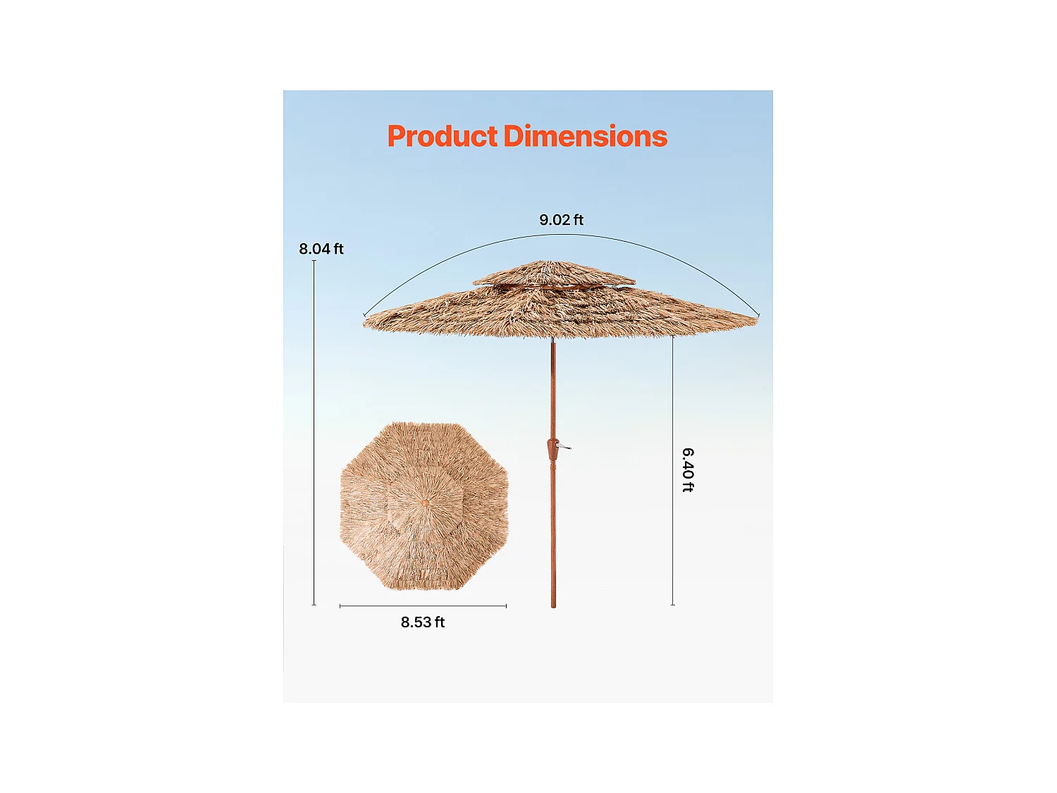 Parasol Hawaïen SucceBuy, 2,7 m Parasol Exotique Inclinable avec Toit Chaume PP, 8 Baleines Métalliques, pour Plage, Terrasse, Bord de Piscine, Jardin