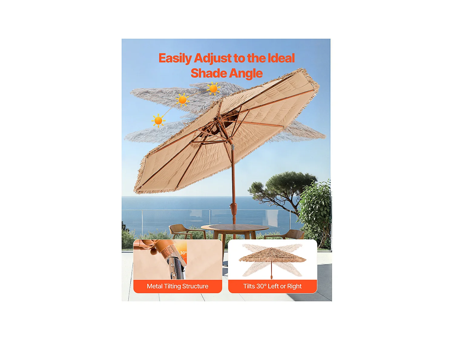 Parasol Hawaïen SucceBuy, 2,7 m Parasol Exotique Inclinable avec Toit Chaume PP, 8 Baleines Métalliques, pour Plage, Terrasse, Bord de Piscine, Jardin