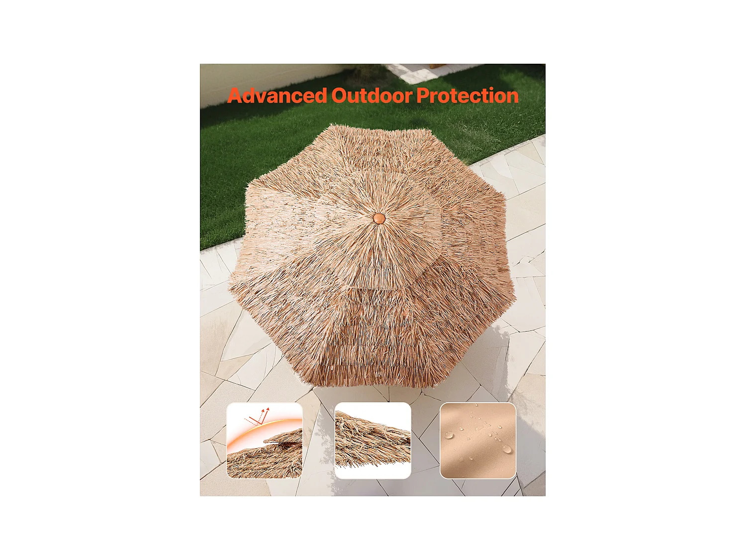 Parasol Hawaïen SucceBuy, 2,7 m Parasol Exotique Inclinable avec Toit Chaume PP, 8 Baleines Métalliques, pour Plage, Terrasse, Bord de Piscine, Jardin