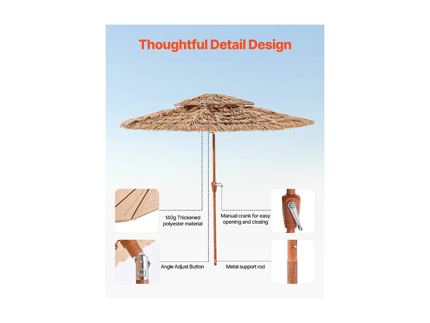 Parasol Hawaïen SucceBuy, 2,7 m Parasol Exotique Inclinable avec Toit Chaume PP, 8 Baleines Métalliques, pour Plage, Terrasse, Bord de Piscine, Jardin