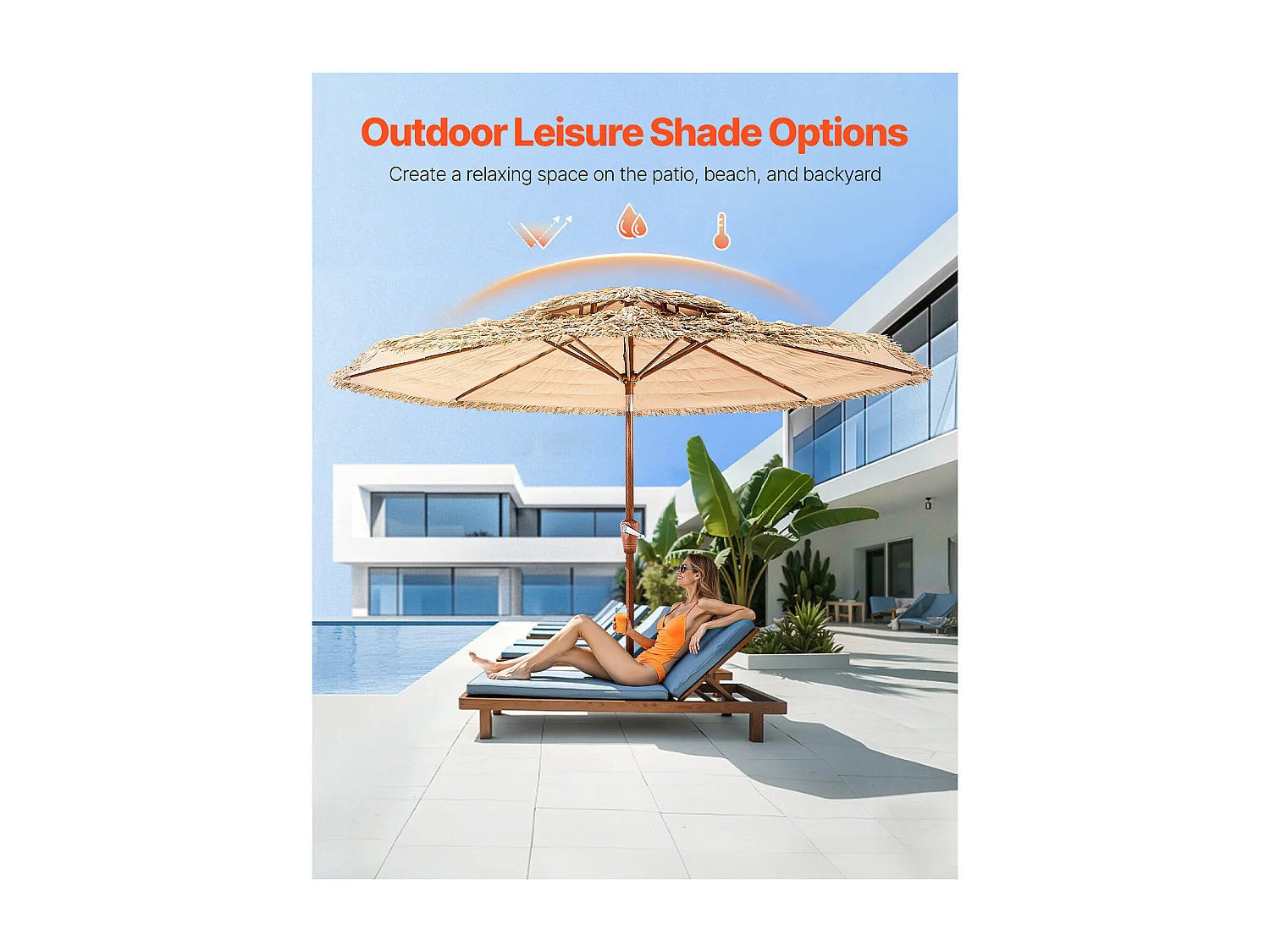 Parasol Hawaïen SucceBuy, 2,7 m Parasol Exotique Inclinable avec Toit Chaume PP, 8 Baleines Métalliques, pour Plage, Terrasse, Bord de Piscine, Jardin