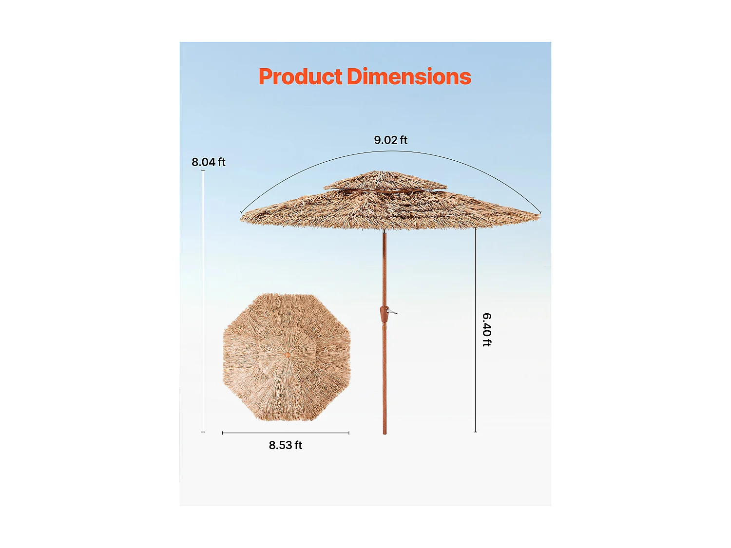 Parasol Hawaïen SucceBuy, 2,7 m Parasol Exotique Inclinable avec Toit Chaume PP, 8 Baleines Métalliques, pour Plage, Terrasse, Bord de Piscine, Jardin