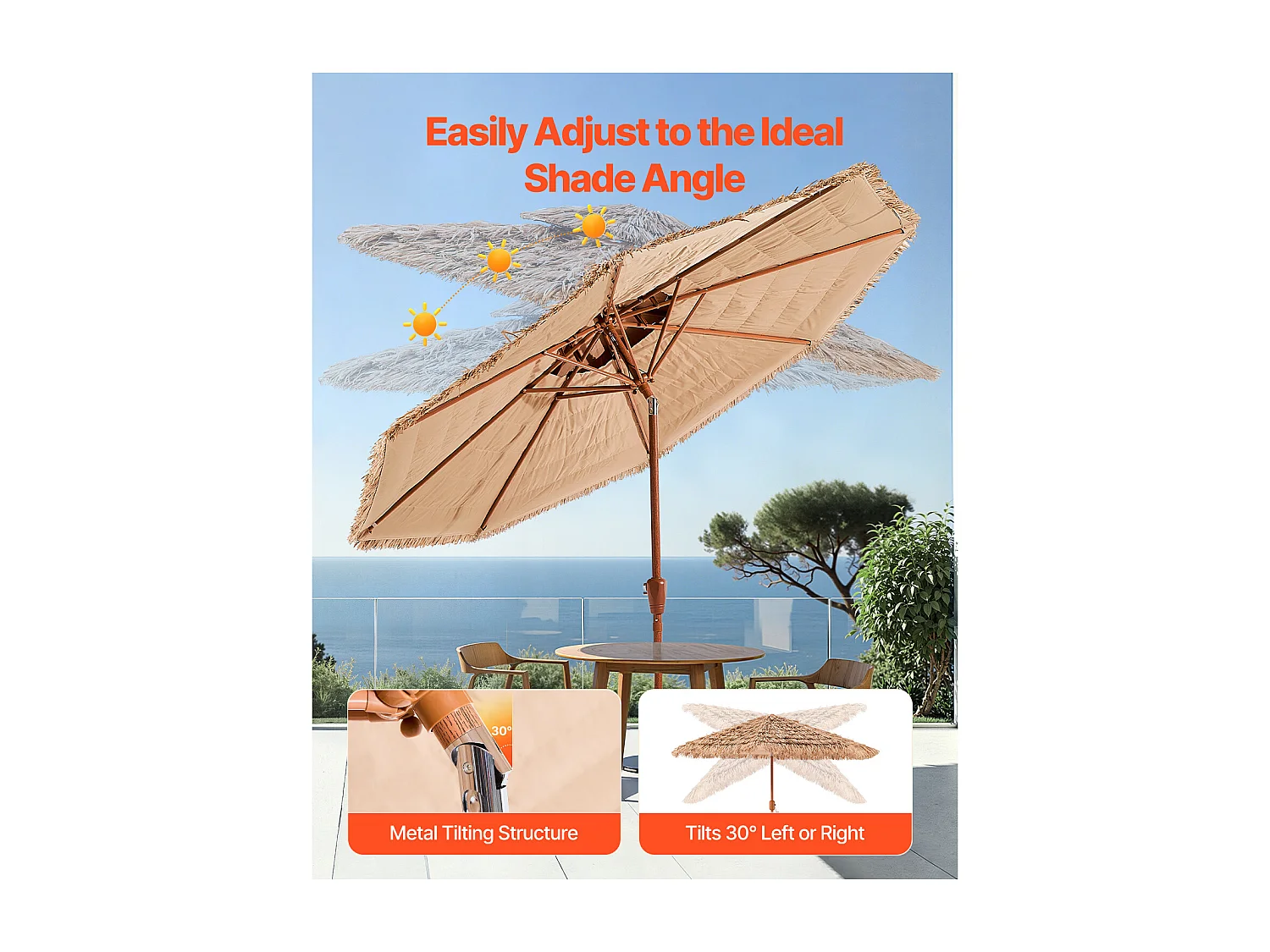 Parasol Hawaïen SucceBuy, 2,7 m Parasol Exotique Inclinable avec Toit Chaume PP, 8 Baleines Métalliques, pour Plage, Terrasse, Bord de Piscine, Jardin