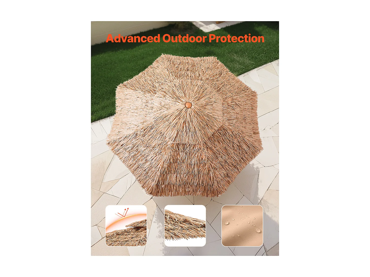 Parasol Hawaïen SucceBuy, 2,7 m Parasol Exotique Inclinable avec Toit Chaume PP, 8 Baleines Métalliques, pour Plage, Terrasse, Bord de Piscine, Jardin