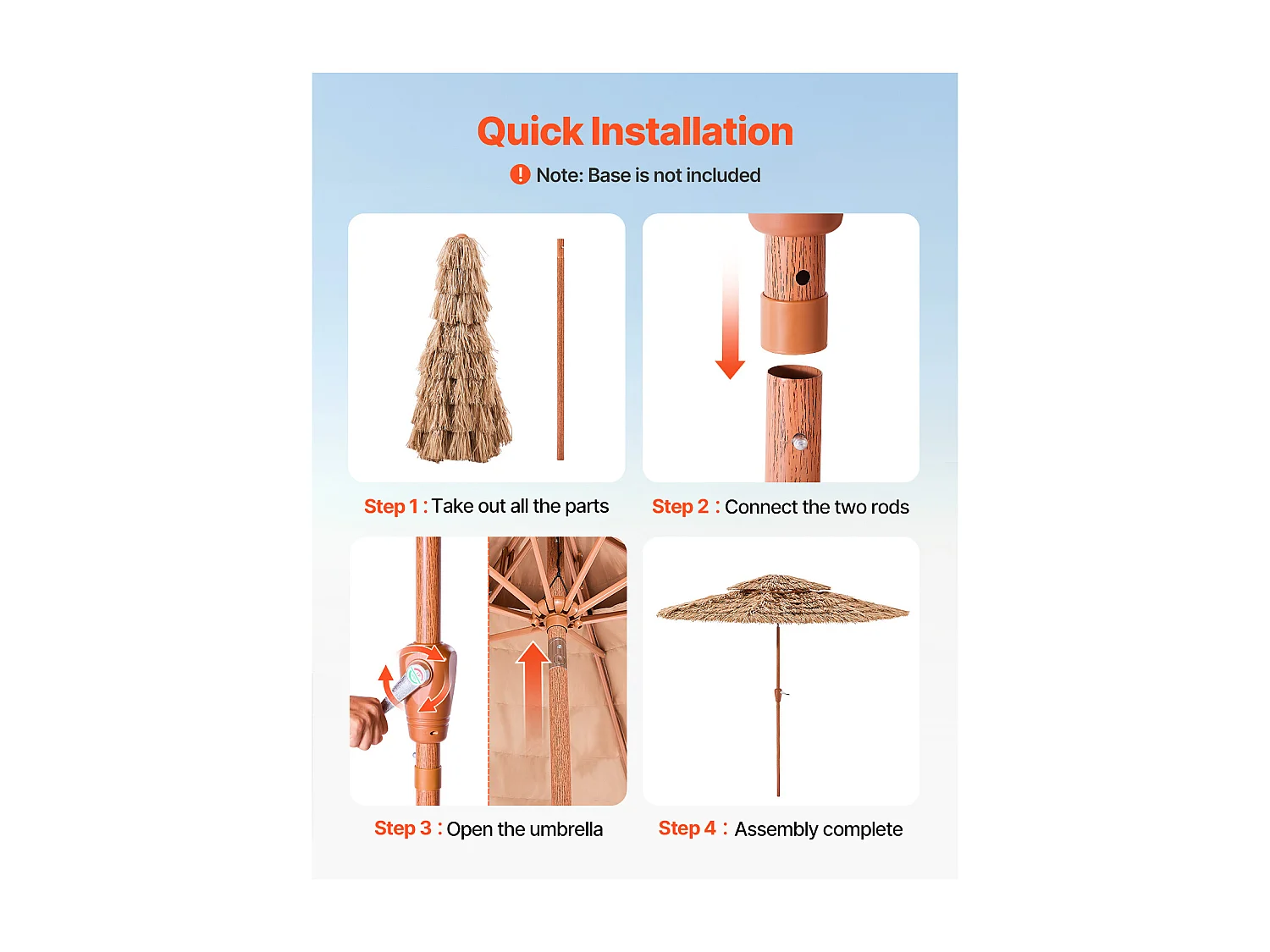 Parasol Hawaïen SucceBuy, 2,7 m Parasol Exotique Inclinable avec Toit Chaume PP, 8 Baleines Métalliques, pour Plage, Terrasse, Bord de Piscine, Jardin