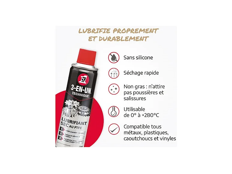 Lubrifiant Sec au PTFE 3-en-1 Aérosol 250ml