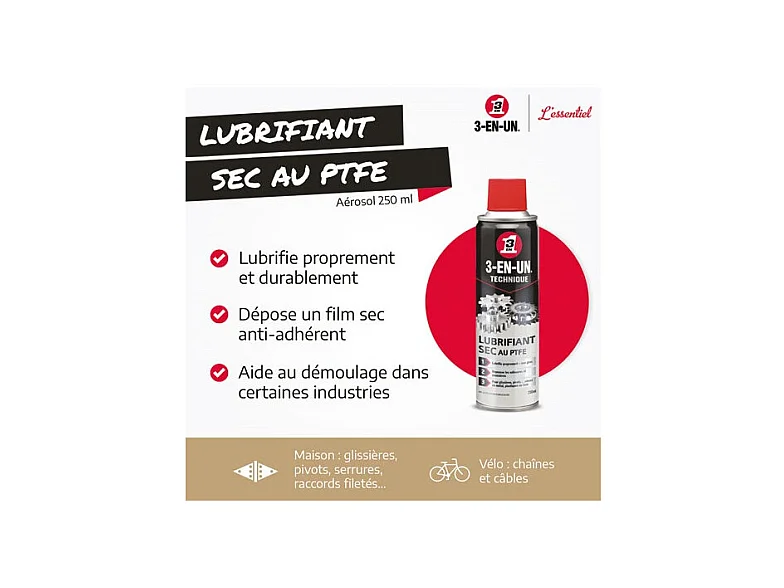 Lubrifiant Sec au PTFE 3-en-1 Aérosol 250ml
