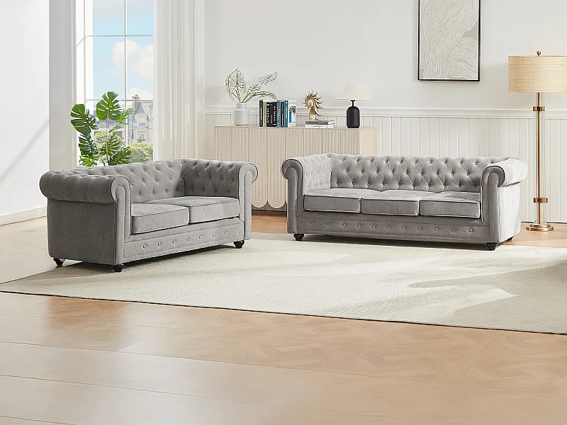 Kanapa 3-osobowa i 2-osobowa z szarej tkaniny CHESTERFIELD