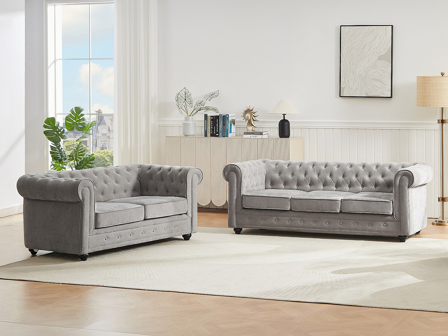Sofa 3-Sitzer & 2-Sitzer - Stoff - Grau - CHESTERFIELD günstig online kaufen