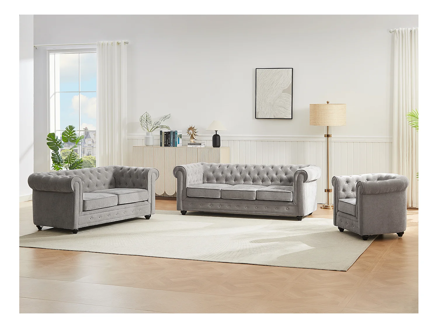 3-seters, 2-seters og lenestol i grått stoff CHESTERFIELD