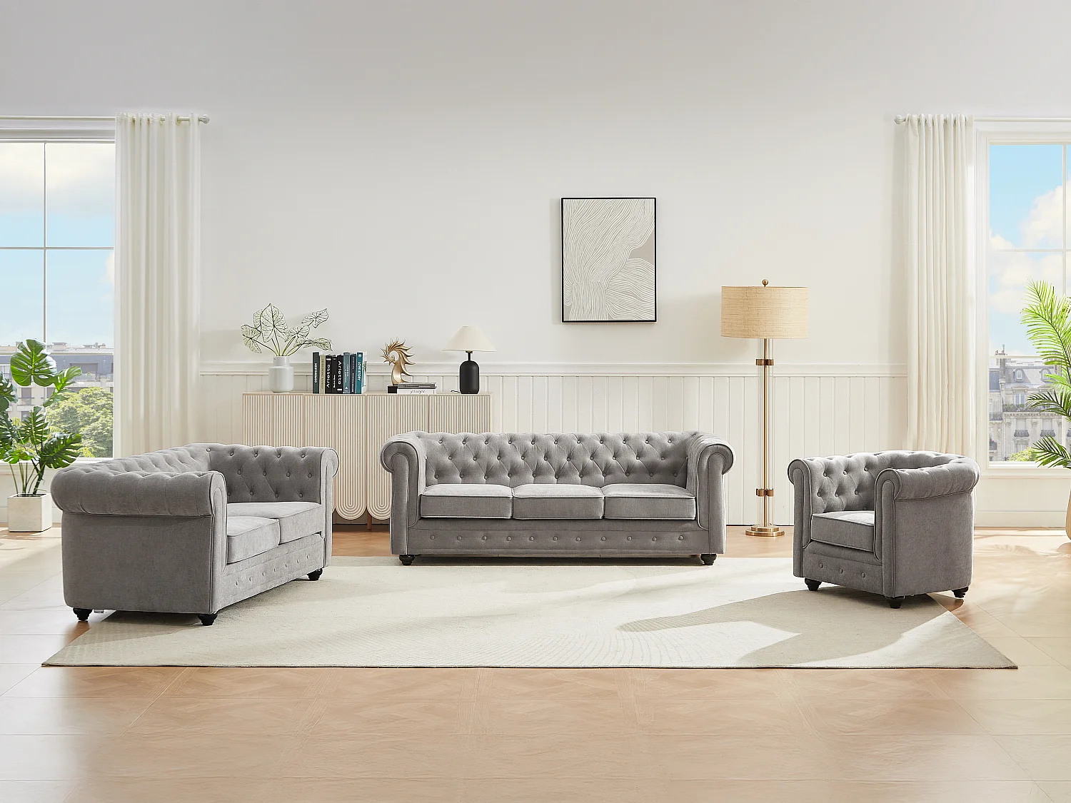 Canapés 3 places 2 places et un fauteuil en tissu gris CHESTERFIELD