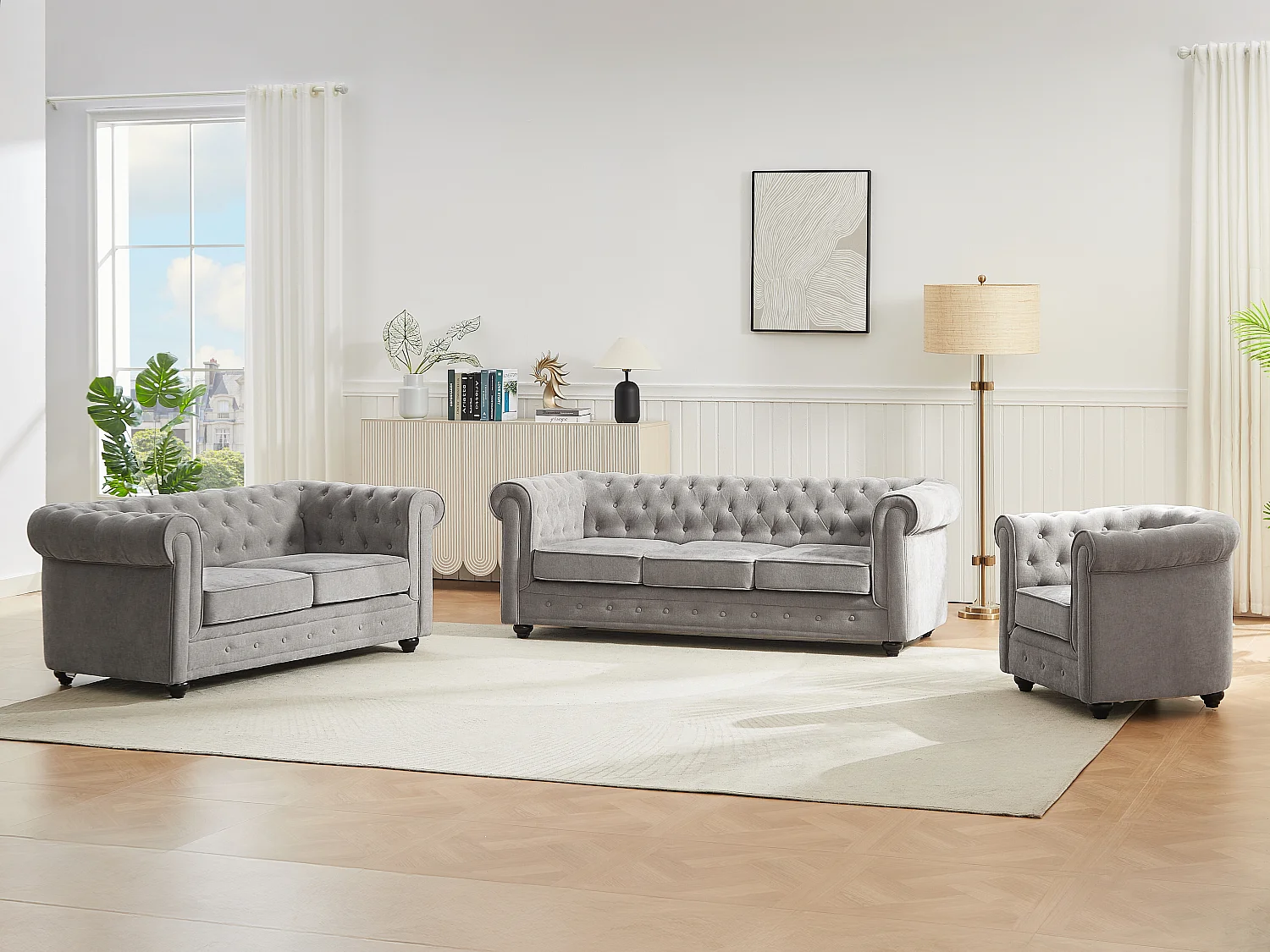 Canapés 3 places 2 places et un fauteuil en tissu gris CHESTERFIELD