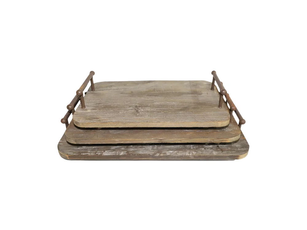 Set de 3 plateaux en bois et métal marron L.57-50-45 cm