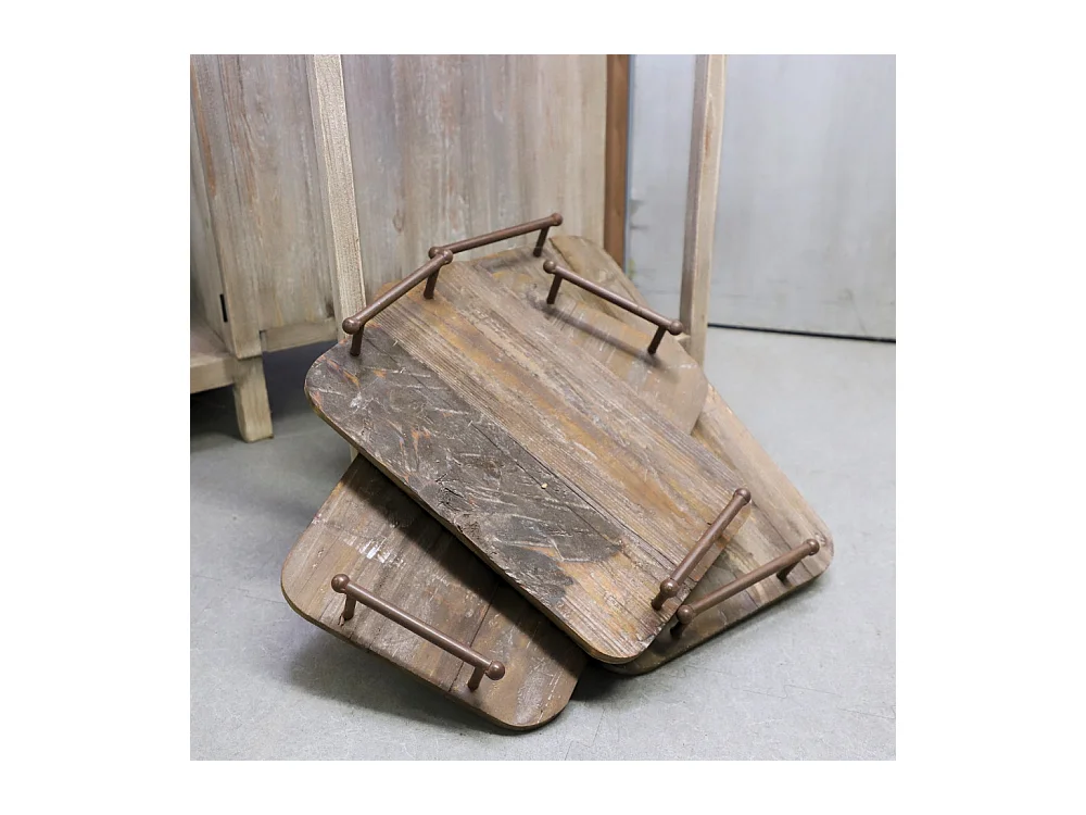 Set de 3 plateaux en bois et métal marron L.57-50-45 cm