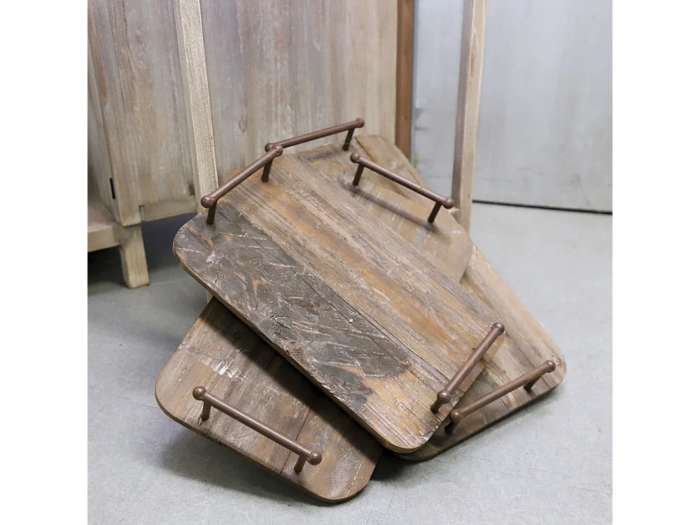 Set de 3 plateaux en bois et métal marron L.57-50-45 cm