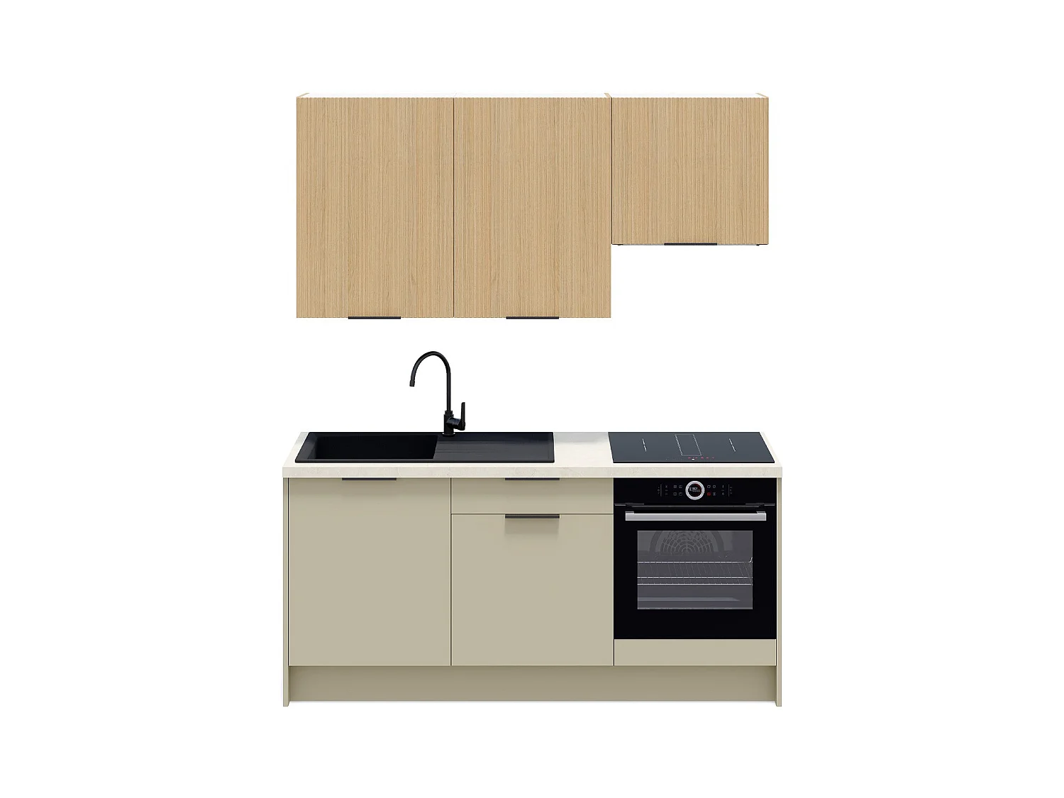 Ensemble de 6 meubles de cuisine - L. 185 cm - vert sauge et chêne clair cannelé - Luzia Mix