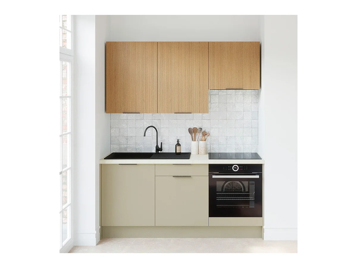 Ensemble de 6 meubles de cuisine - L. 185 cm - vert sauge et chêne clair cannelé - Luzia Mix