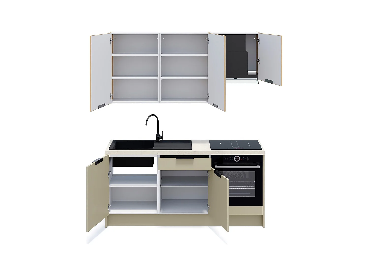 Ensemble de 6 meubles de cuisine - L. 185 cm - vert sauge et chêne clair cannelé - Luzia Mix