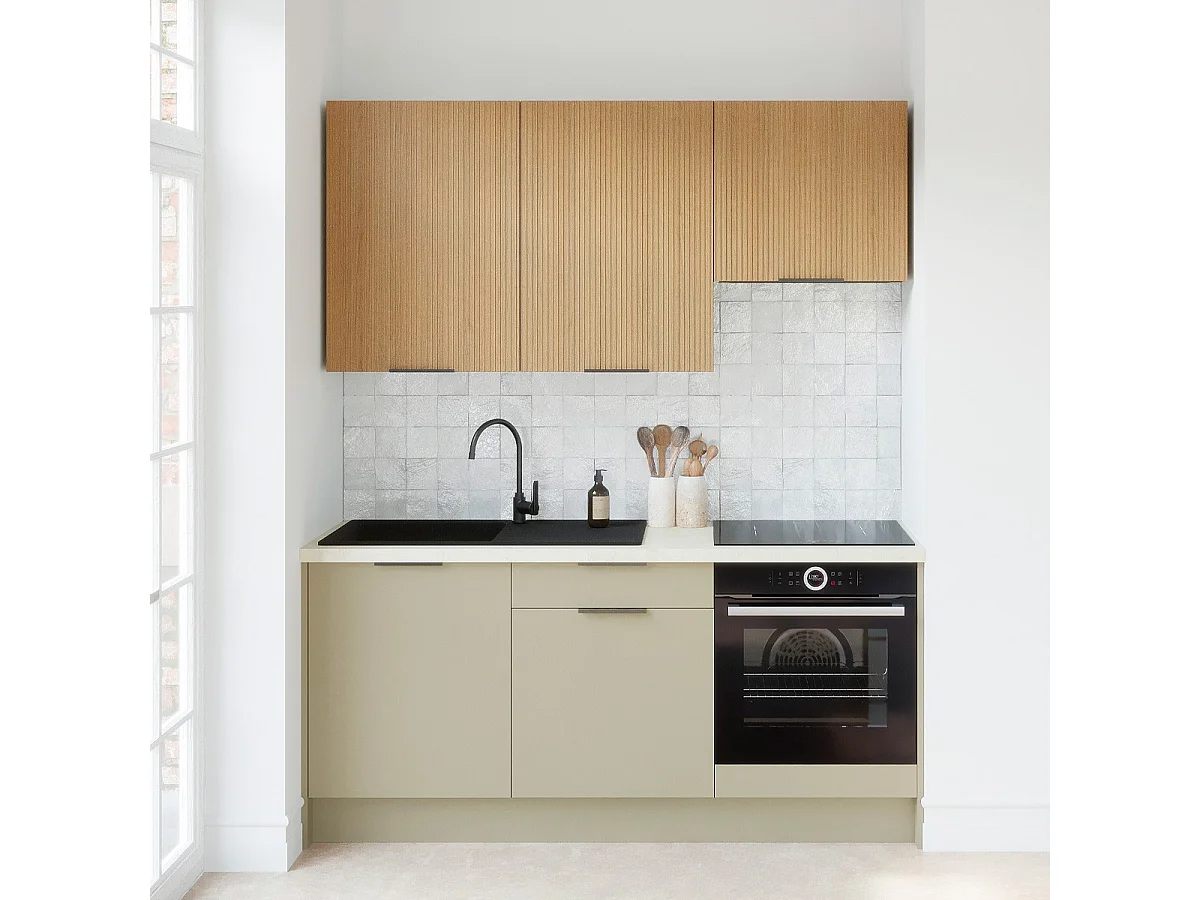 Ensemble de 6 meubles de cuisine - L. 185 cm - vert sauge et chêne clair cannelé - Luzia Mix