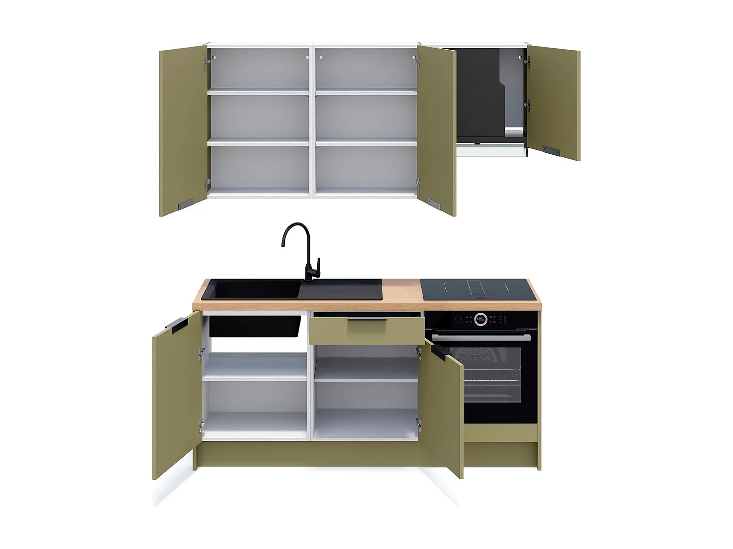 Ensemble de 6 meubles de cuisine - L. 185 cm - vert olive - Luzia