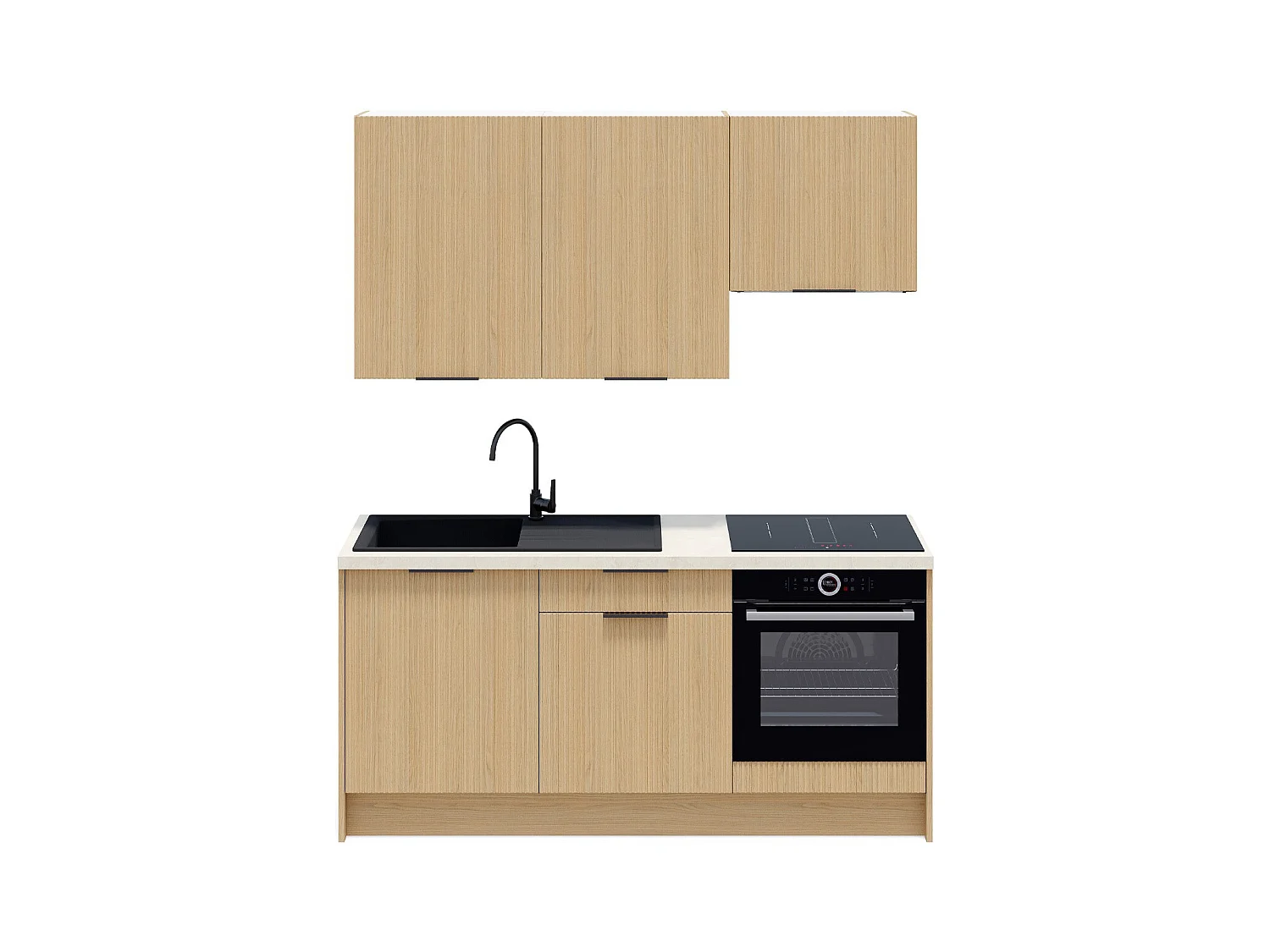 Ensemble de 6 meubles de cuisine - L. 185 cm - chêne clair cannelé - Sierra Mix