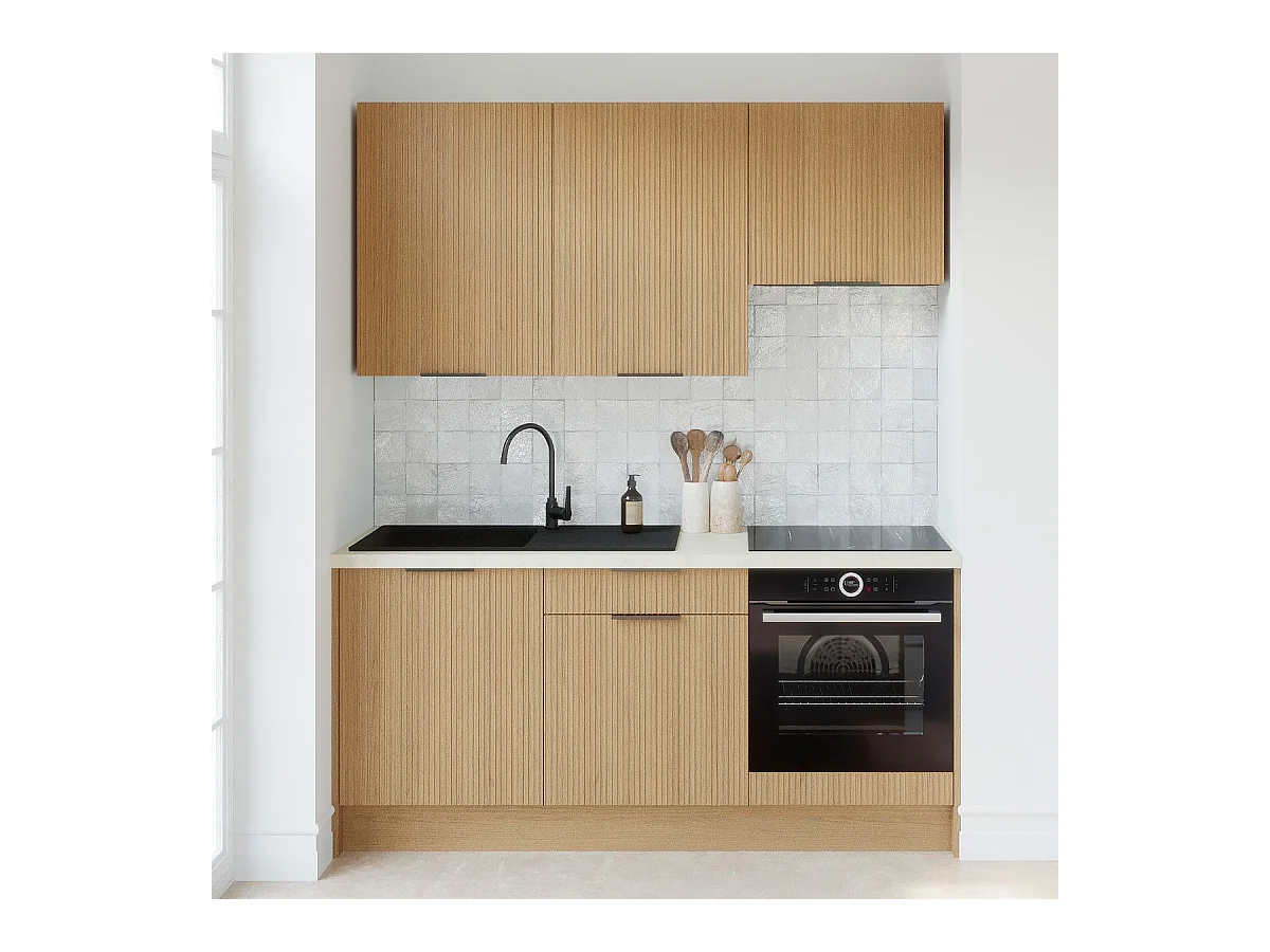 Ensemble de 6 meubles de cuisine - L. 185 cm - chêne clair cannelé - Sierra Mix