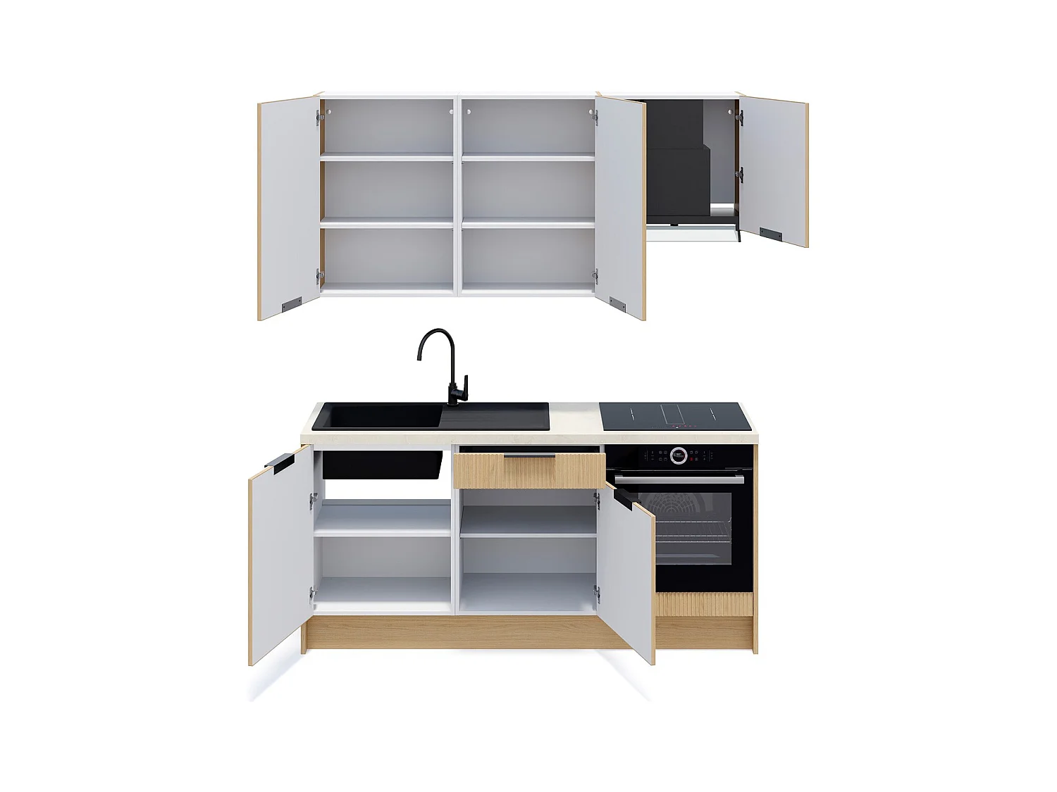 Ensemble de 6 meubles de cuisine - L. 185 cm - chêne clair cannelé - Sierra Mix