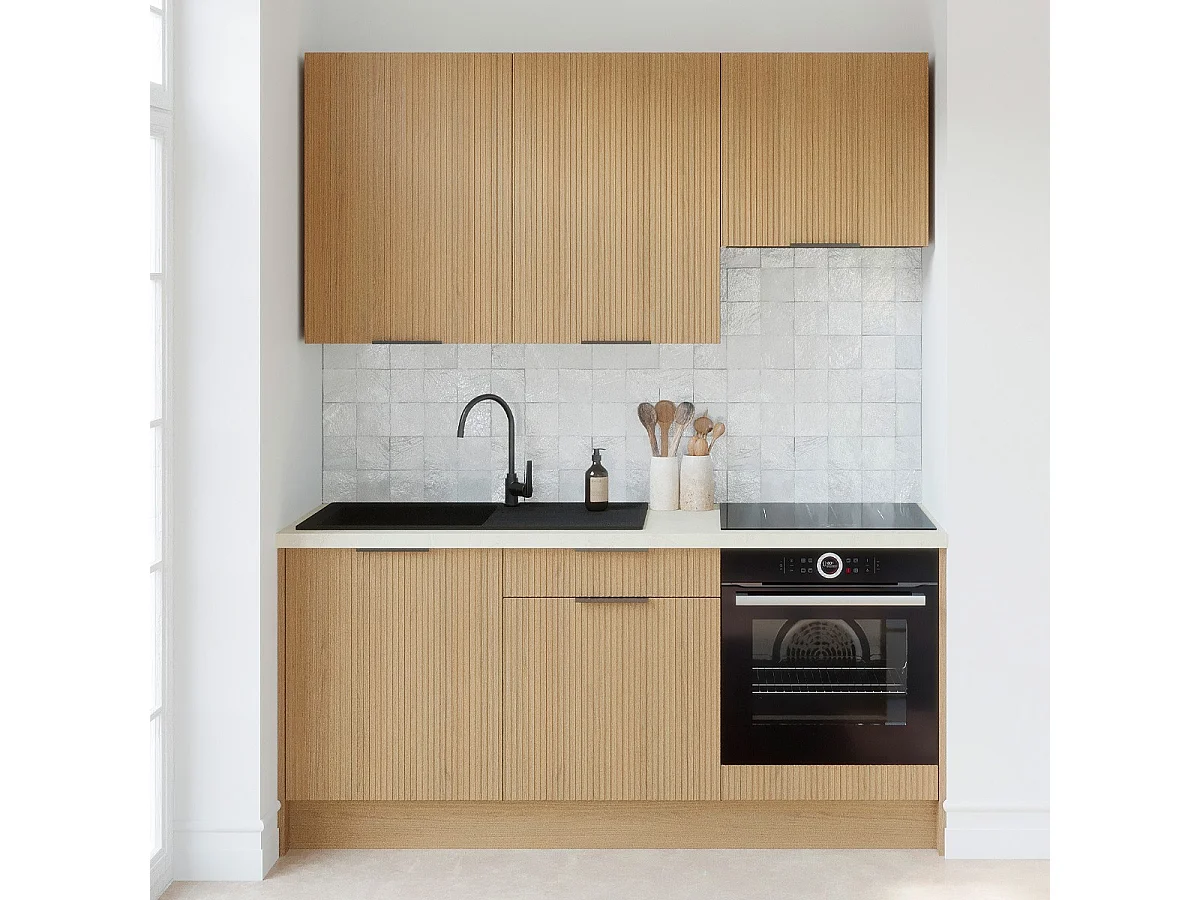 Ensemble de 6 meubles de cuisine - L. 185 cm - chêne clair cannelé - Sierra Mix