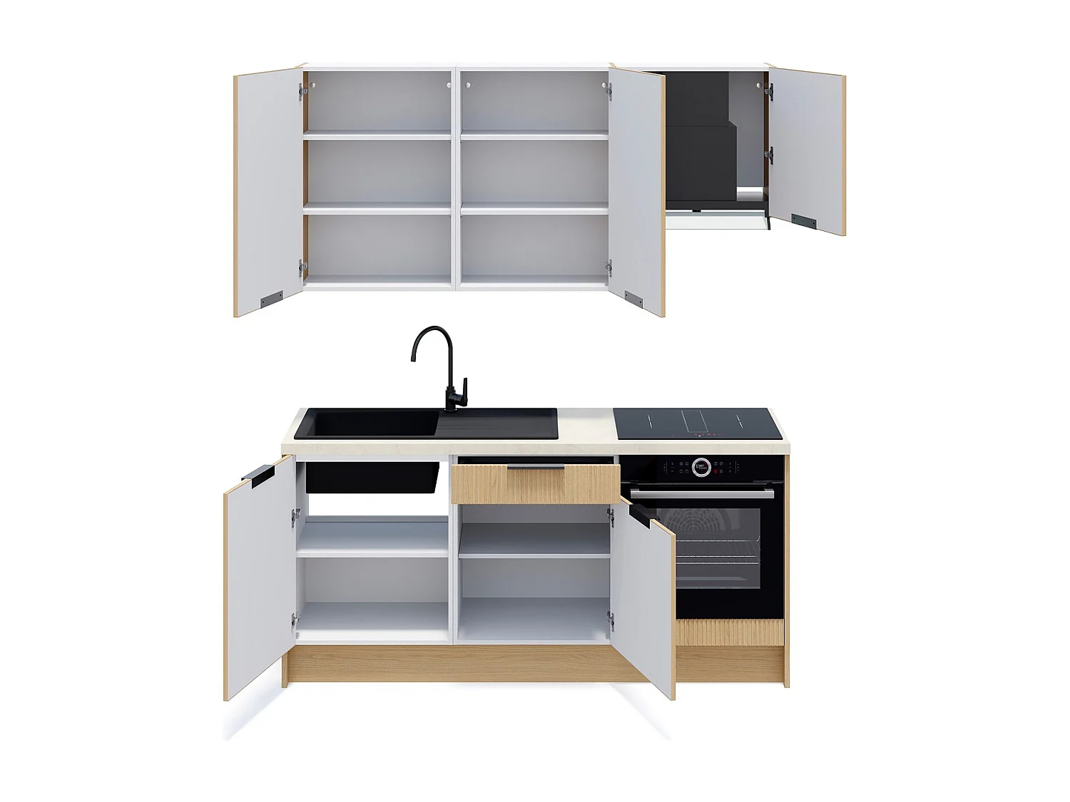 Ensemble de 6 meubles de cuisine - L. 185 cm - chêne clair cannelé - Sierra Mix