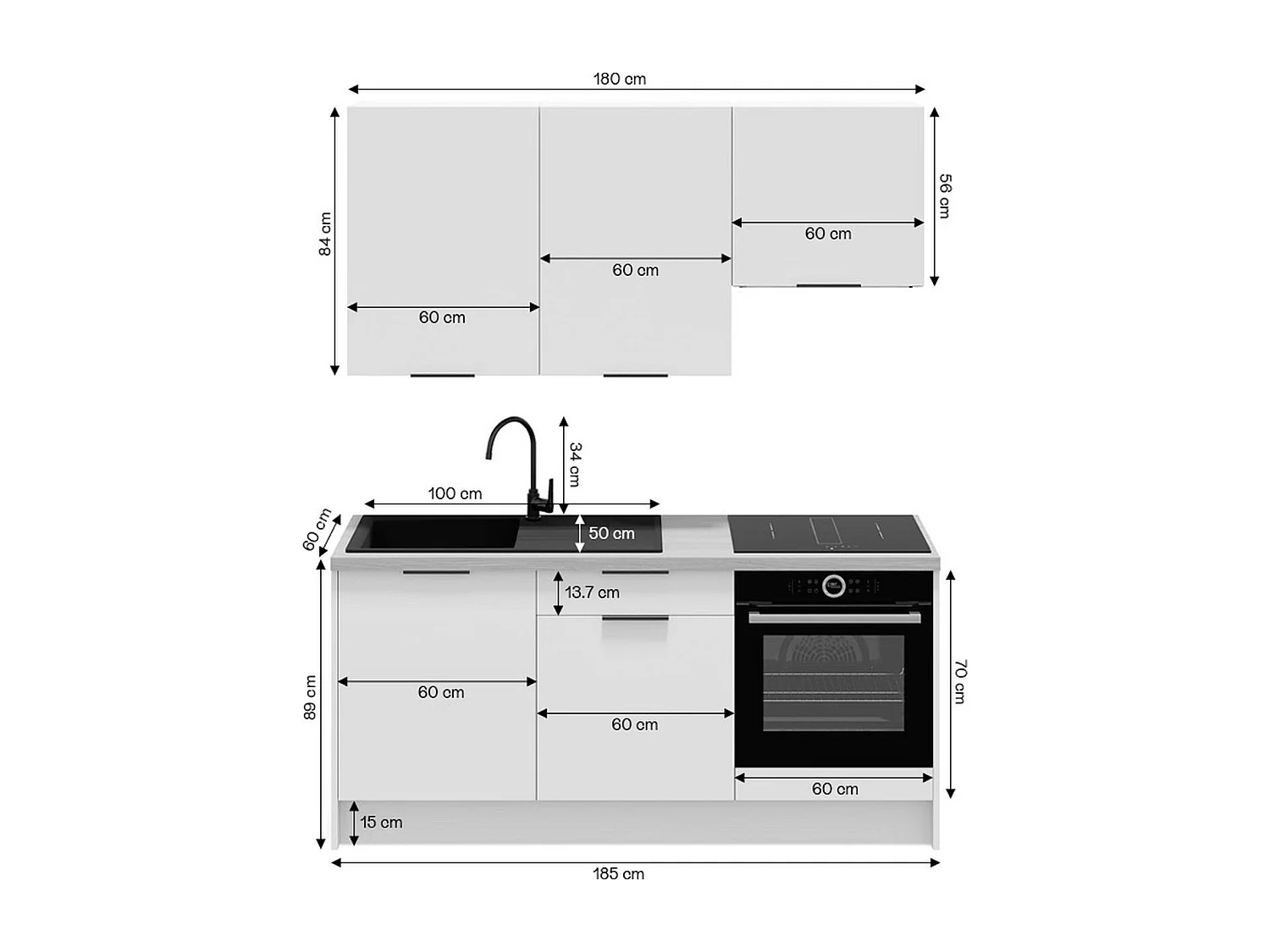 Ensemble de 6 meubles de cuisine - L. 185 cm - chêne clair cannelé - Sierra Mix