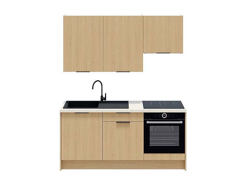 Ensemble de 6 meubles de cuisine - L. 185 cm - chêne clair cannelé - Sierra Mix