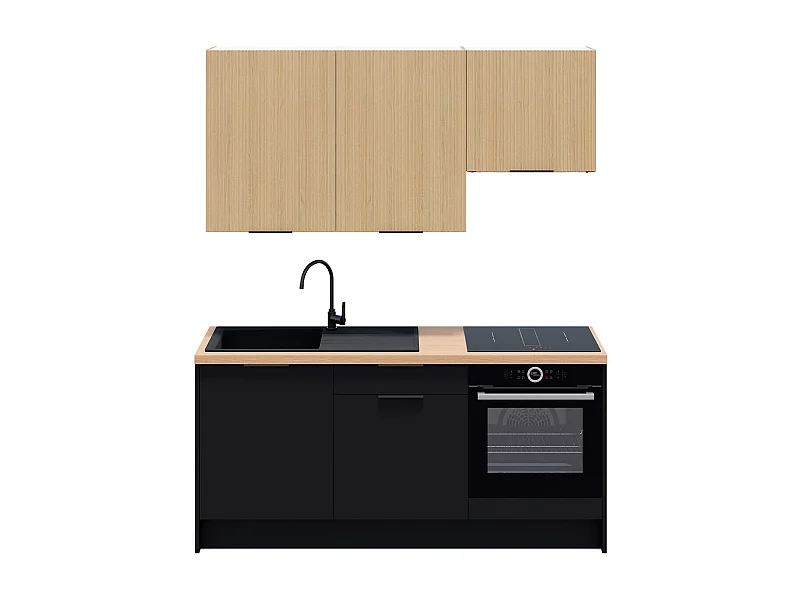 Ensemble de 6 meubles de cuisine - L. 185 cm - noir et chêne clair cannelé - Luzia Mix