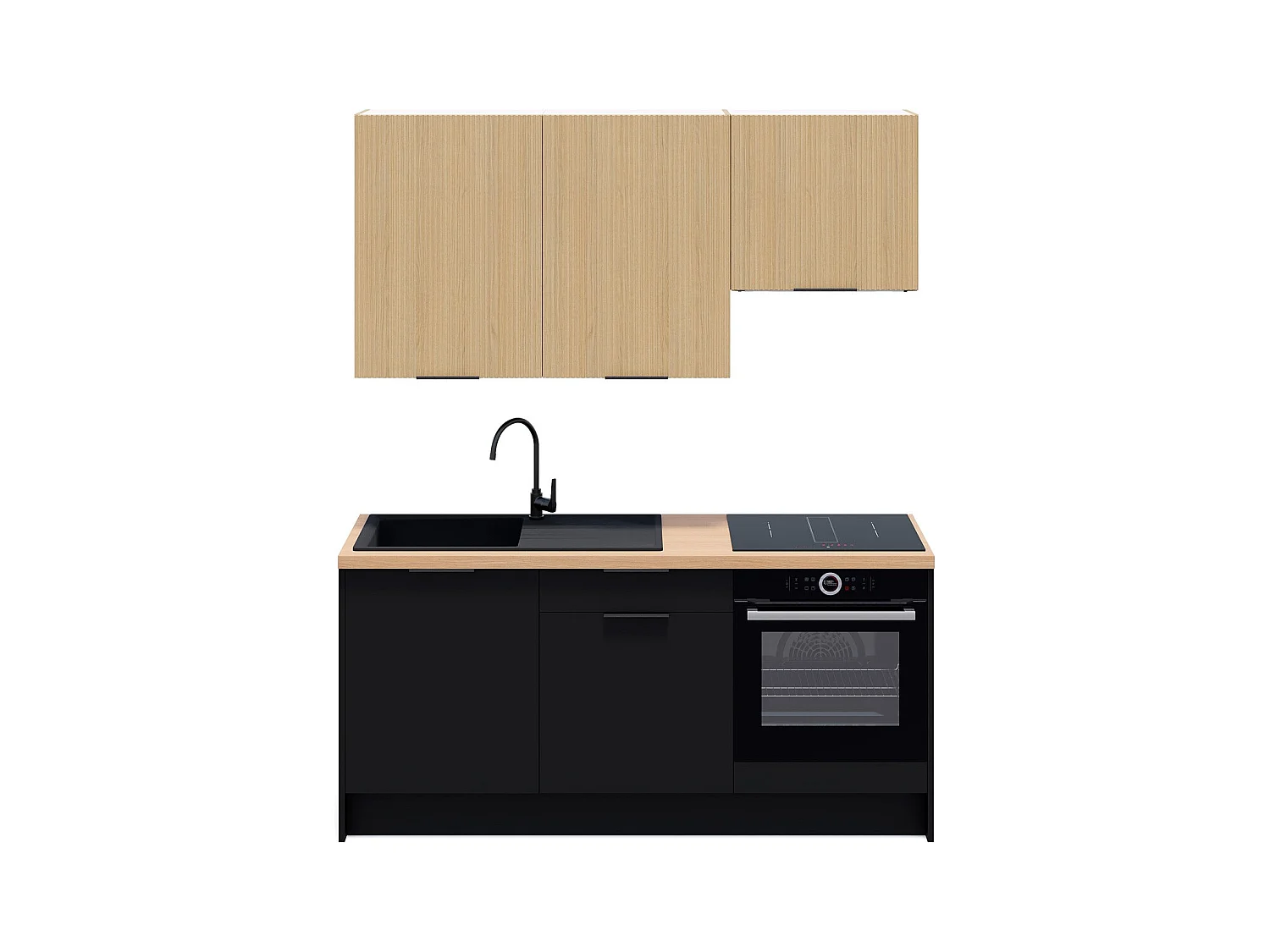 Ensemble de 6 meubles de cuisine - L. 185 cm - noir et chêne clair cannelé - Luzia Mix