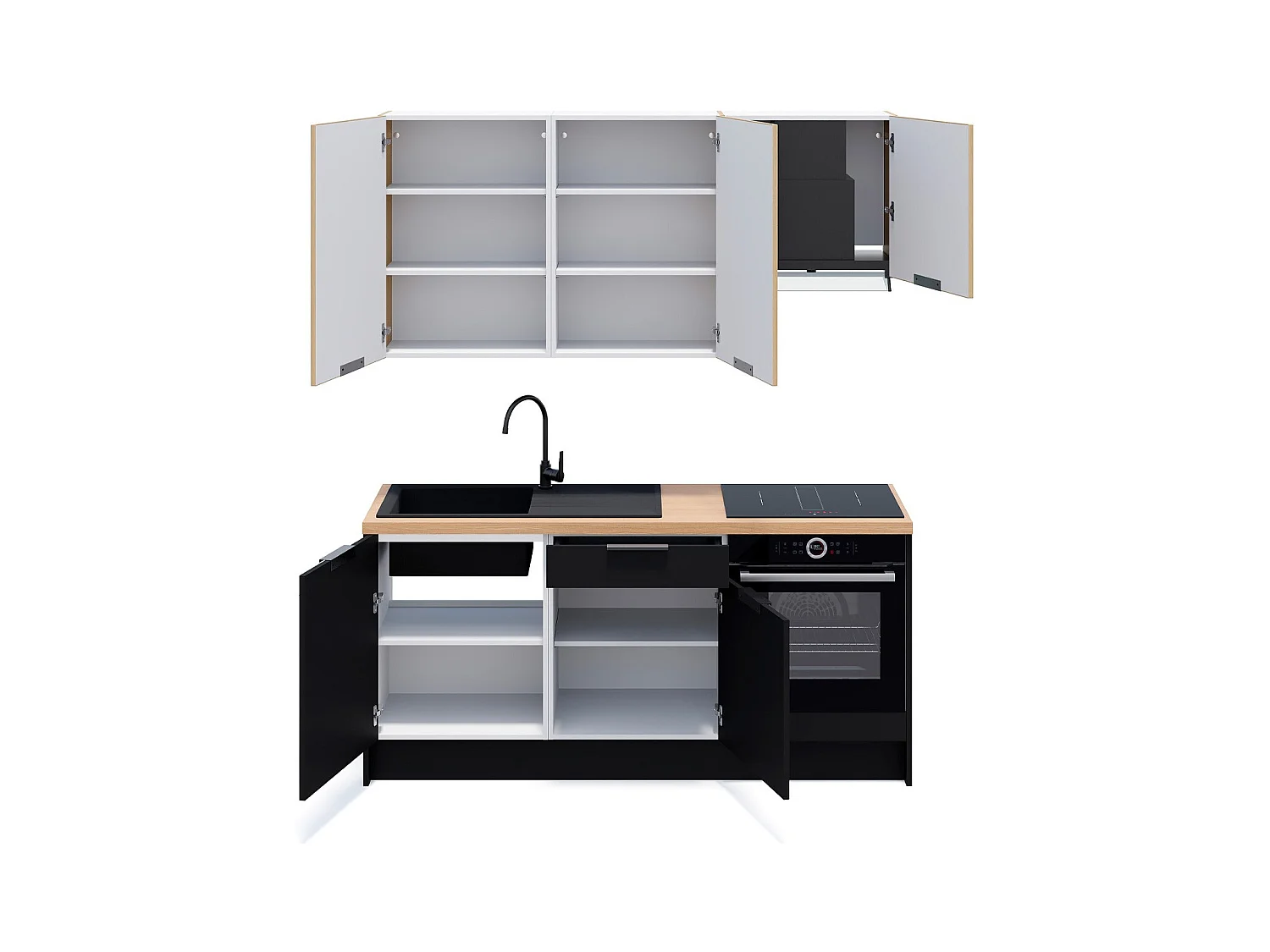 Ensemble de 6 meubles de cuisine - L. 185 cm - noir et chêne clair cannelé - Luzia Mix