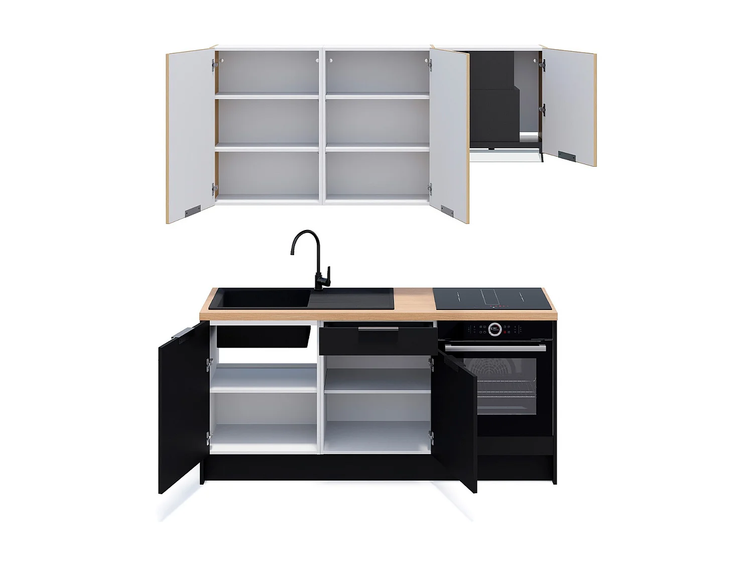 Ensemble de 6 meubles de cuisine - L. 185 cm - noir et chêne clair cannelé - Luzia Mix