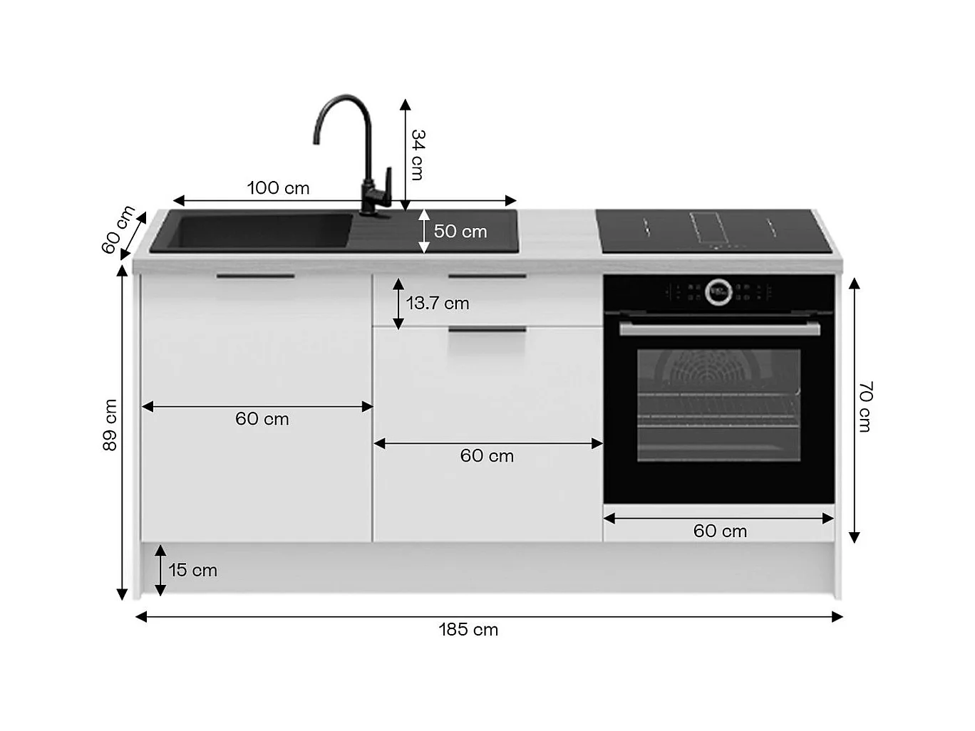 Meubles bas de cuisine - L. 185 cm - blanc - Luzia