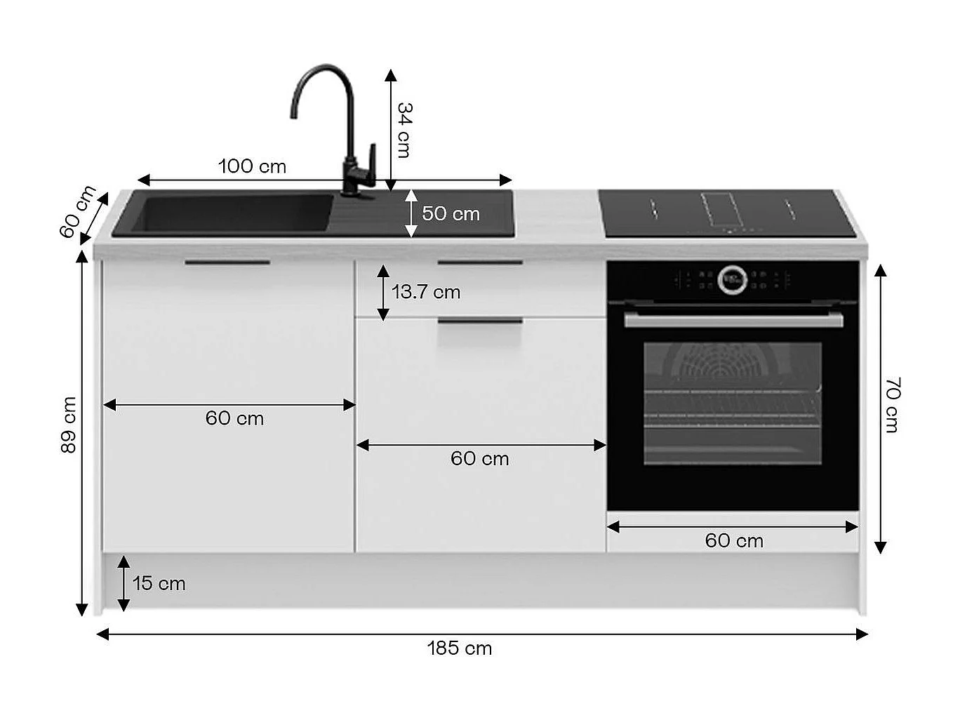 Meubles bas de cuisine - L. 185 cm - blanc - Luzia