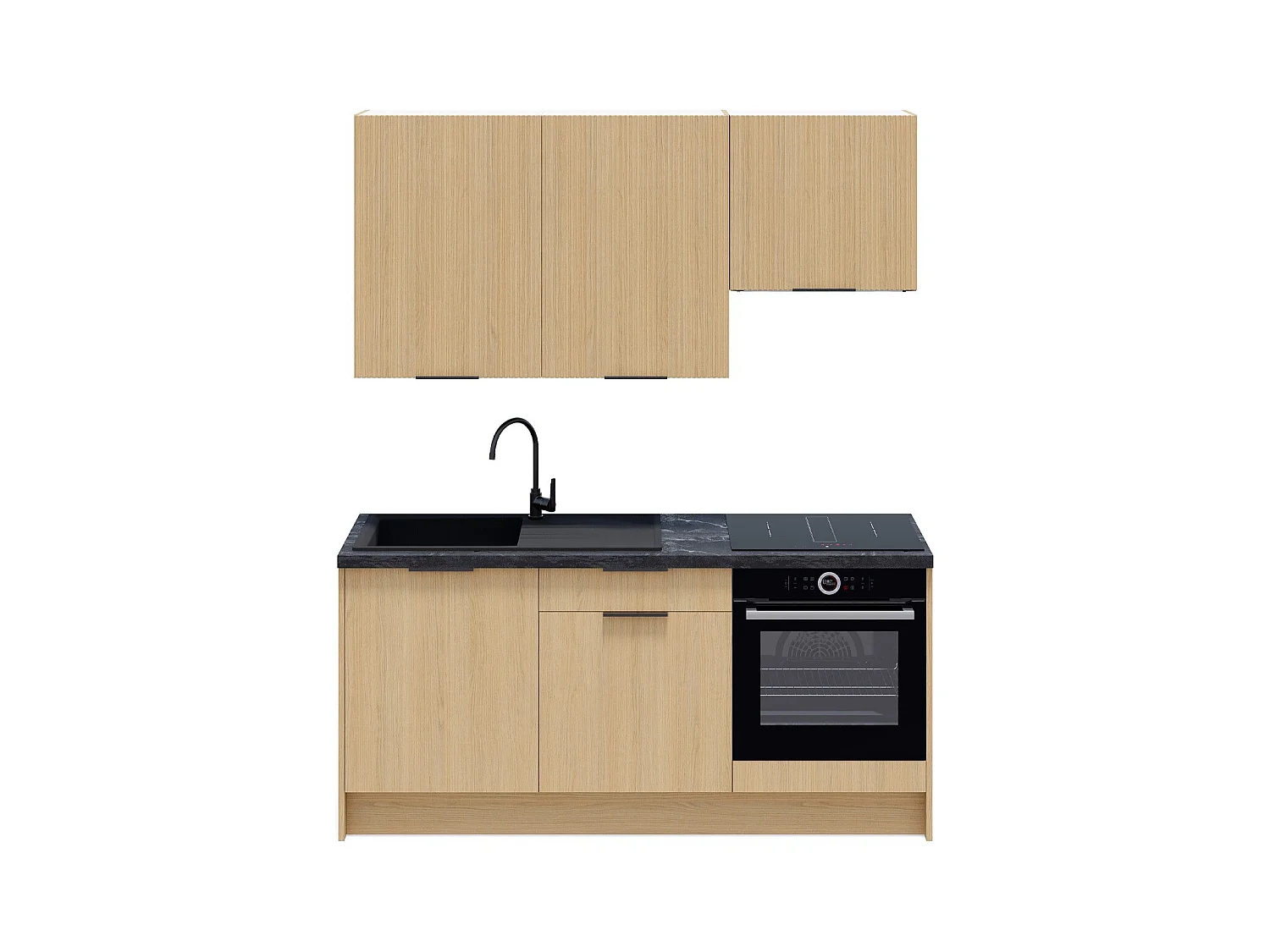 Ensemble de 6 meubles de cuisine - L. 185 cm - chêne clair et chêne clair cannelé - Sierra Mix