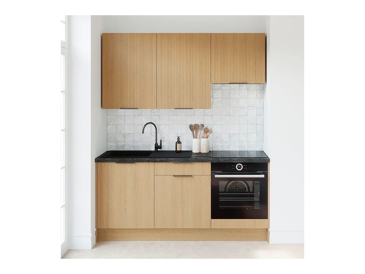 Ensemble de 6 meubles de cuisine - L. 185 cm - chêne clair et chêne clair cannelé - Sierra Mix