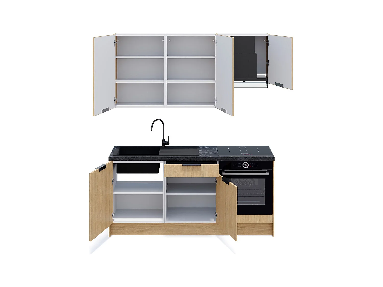 Ensemble de 6 meubles de cuisine - L. 185 cm - chêne clair et chêne clair cannelé - Sierra Mix