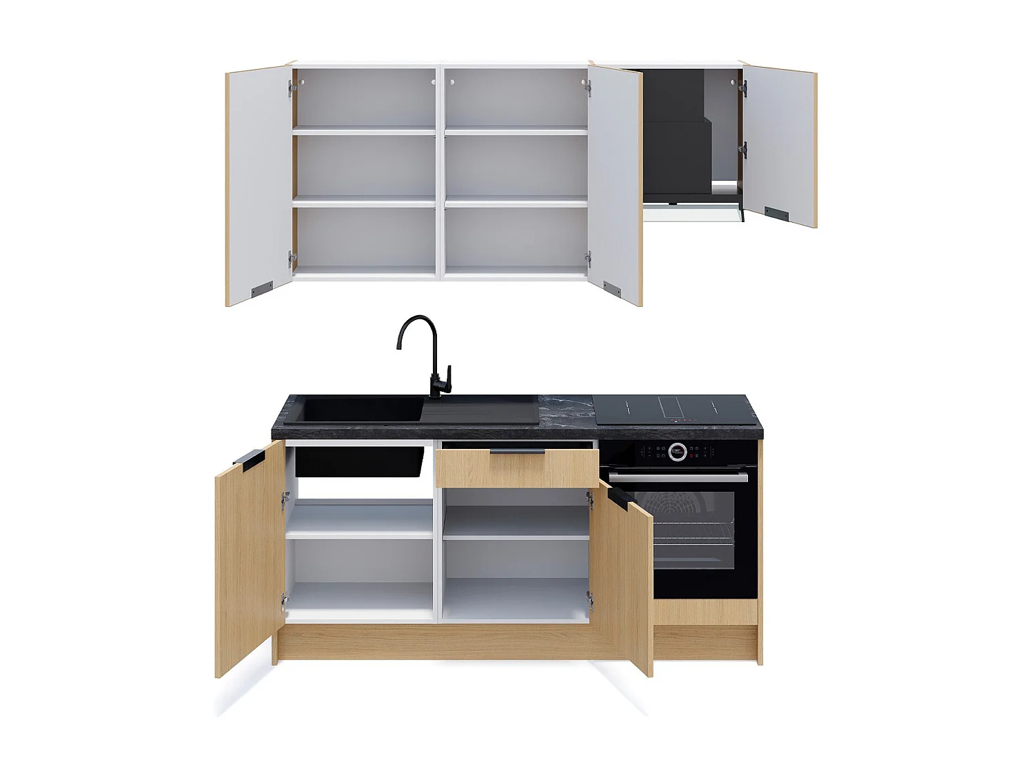 Ensemble de 6 meubles de cuisine - L. 185 cm - chêne clair et chêne clair cannelé - Sierra Mix