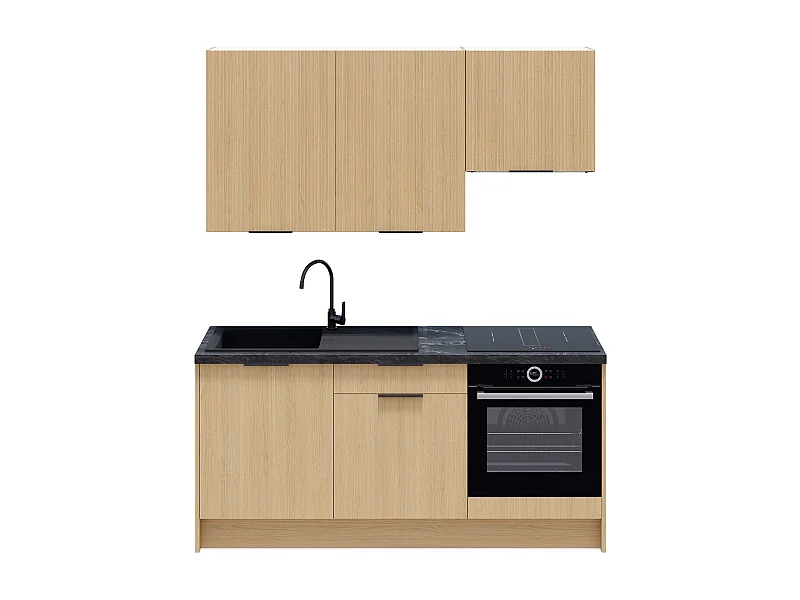 Ensemble de 6 meubles de cuisine - L. 185 cm - chêne clair et chêne clair cannelé - Sierra Mix