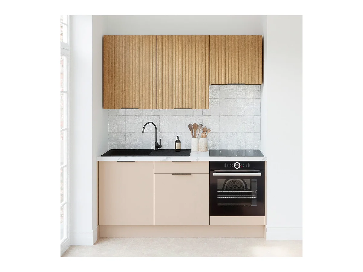 Ensemble de 6 meubles de cuisine - L. 185 cm - beige cachemire et chêne clair cannelé - Luzia Mix