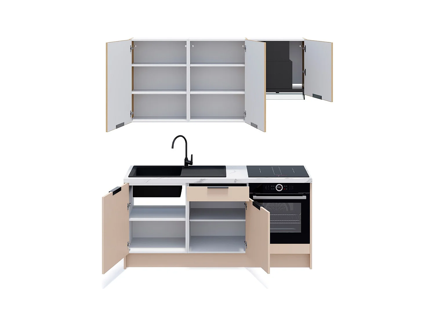 Ensemble de 6 meubles de cuisine - L. 185 cm - beige cachemire et chêne clair cannelé - Luzia Mix