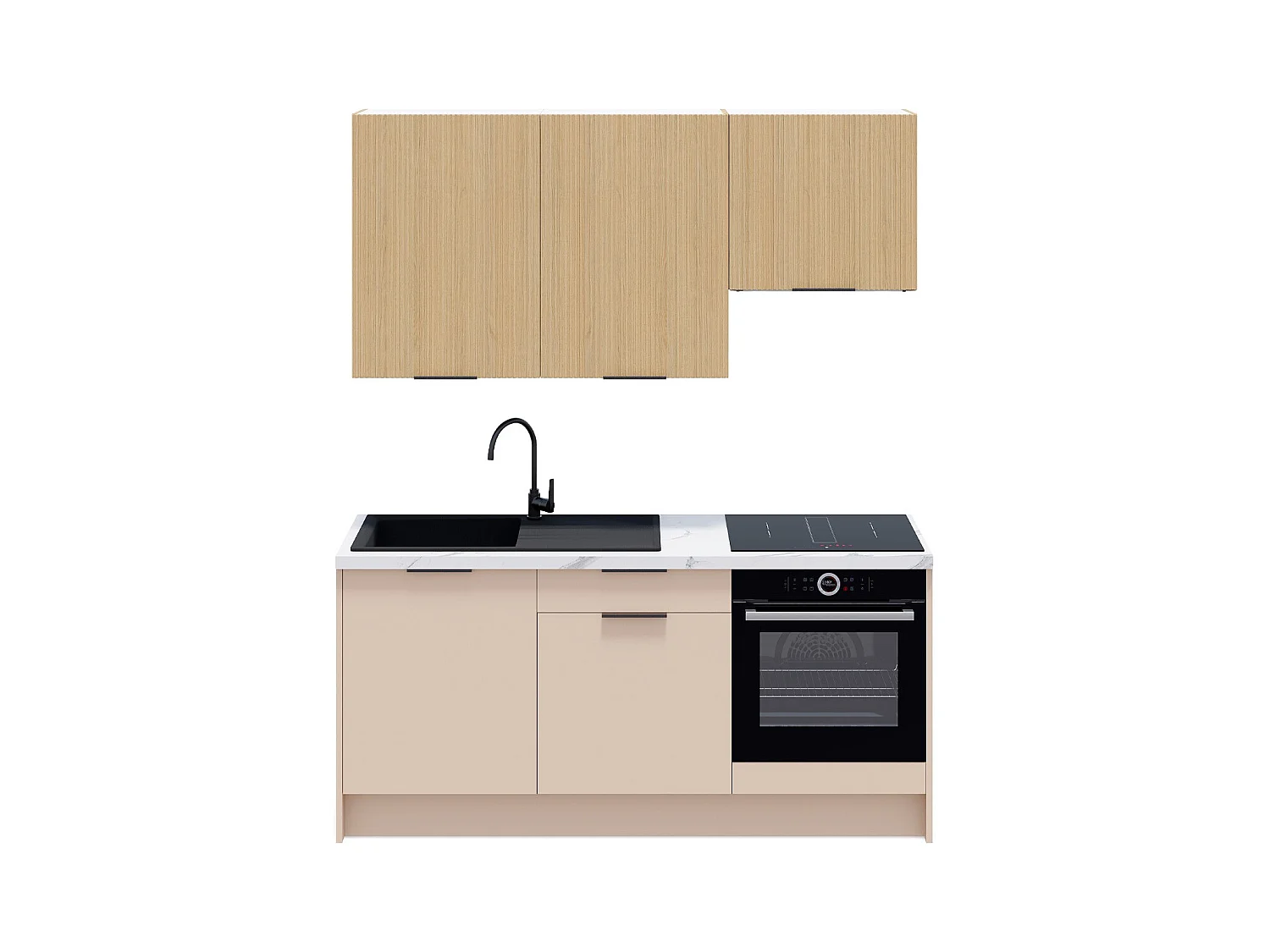 Ensemble de 6 meubles de cuisine - L. 185 cm - beige cachemire et chêne clair cannelé - Luzia Mix