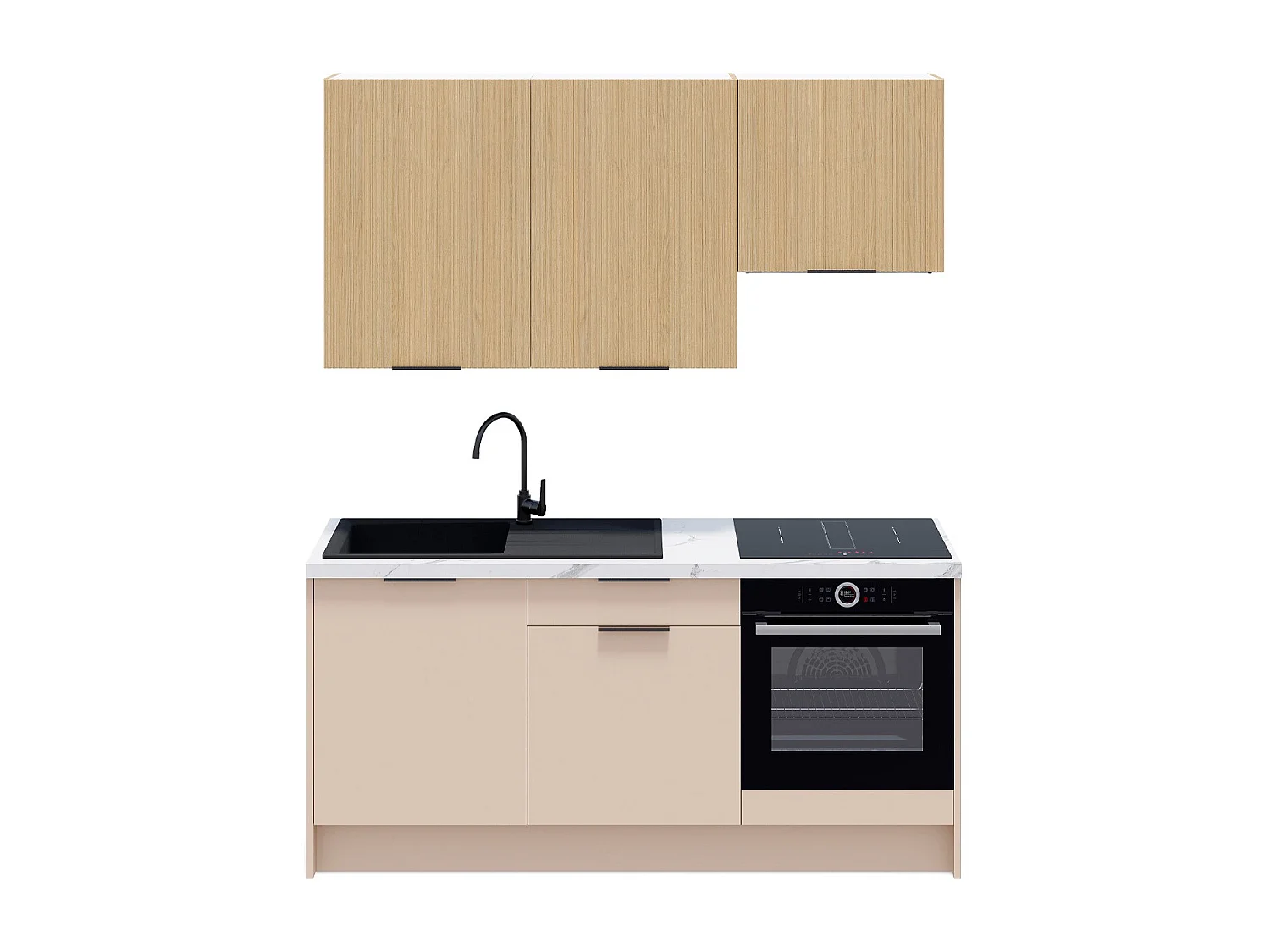 Ensemble de 6 meubles de cuisine - L. 185 cm - beige cachemire et chêne clair cannelé - Luzia Mix