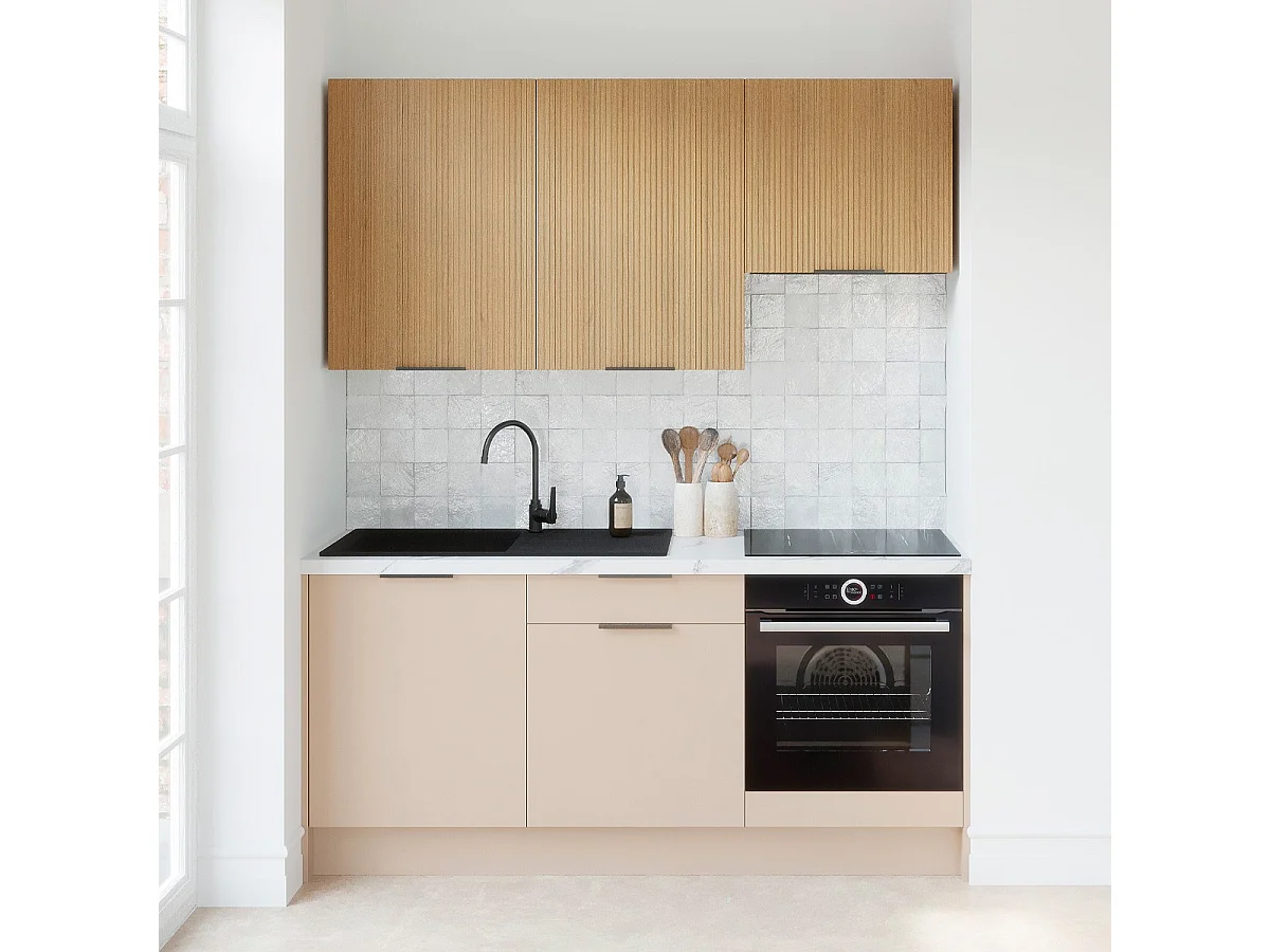 Ensemble de 6 meubles de cuisine - L. 185 cm - beige cachemire et chêne clair cannelé - Luzia Mix