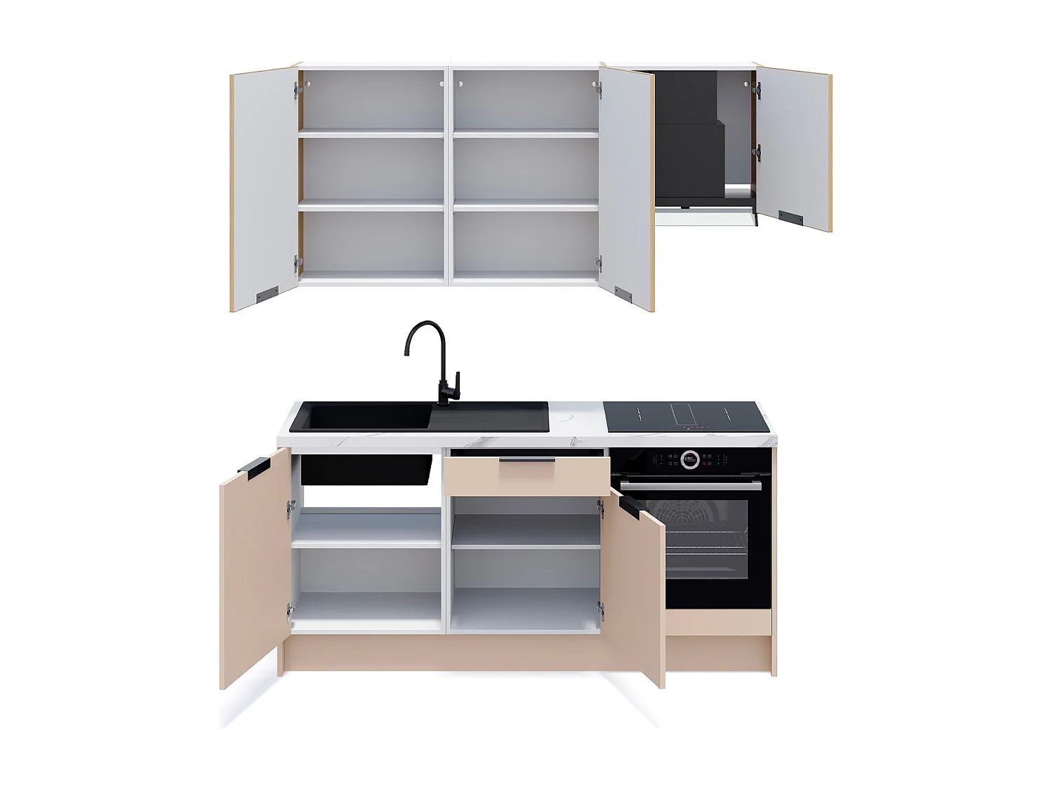 Ensemble de 6 meubles de cuisine - L. 185 cm - beige cachemire et chêne clair cannelé - Luzia Mix